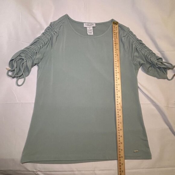 Carmen Marc Valvo Blouse Ruched Sleeves Adjustable Ties Round Neckline Green W S - Picture 6 of 8